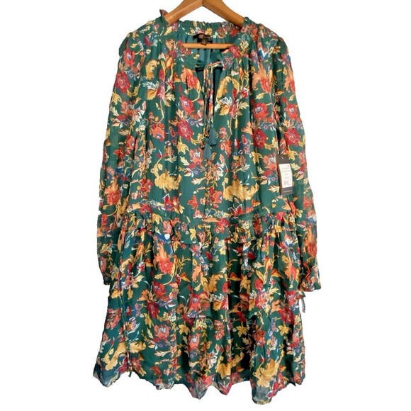NWT Frye Green Botanical Floral Dress Sz S Peasant Ruffles Tiered Tassles Boho * - Picture 2 of 12